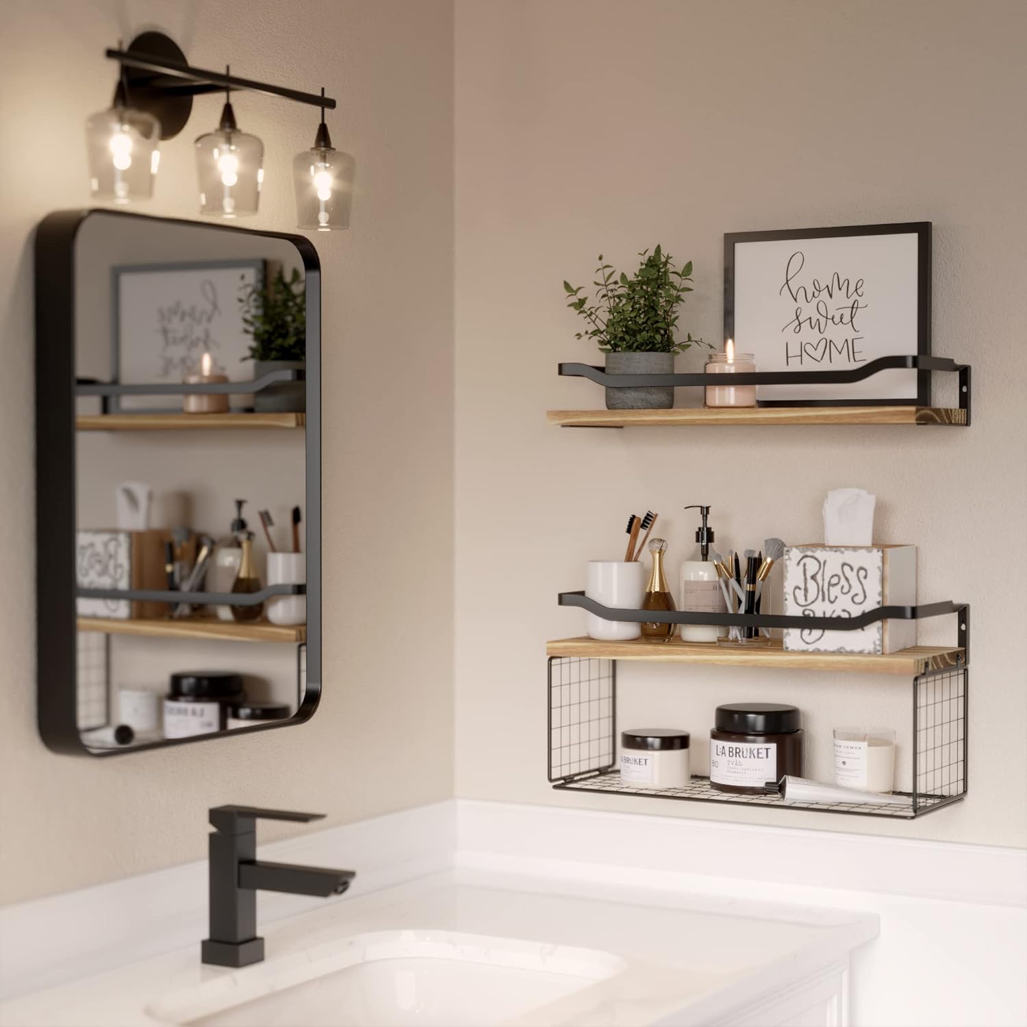 Floating Shelves with Wire Storage Basket, Bathroom Shelves, Wall Shelves Floating Shelves with Wire Storage Basket, Bathroom Shelves, Wall Shelves